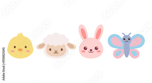 Cute faces of Easter animals including chick, lamb, bunny, and a butterfly in flat style.