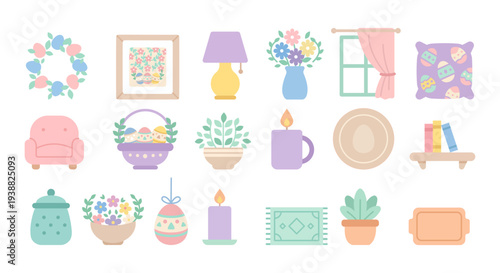 Spring home interior decoration icons with wreath, lamps, flowers, window, and cozy furniture.