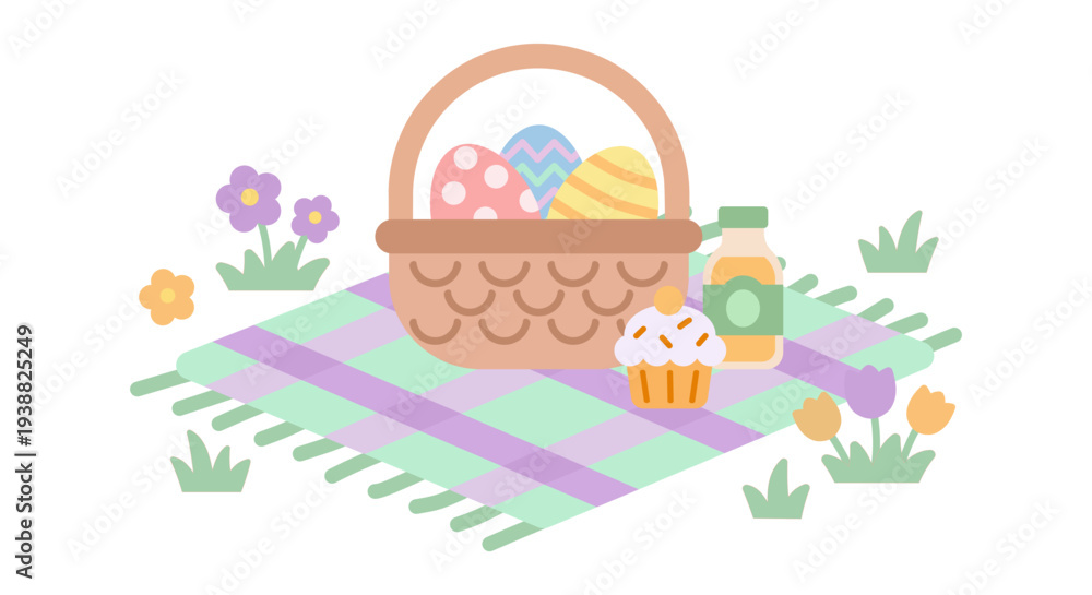Fototapeta premium Easter picnic scene with a basket of eggs on a checkered blanket with cupcakes and juice.