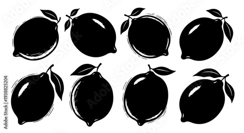 Collection of eight black silhouette lemon illustrations with leaves.