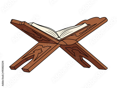 Wooden Quran Stand with Open Holy Book.