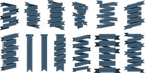 Collection of dark blue blank award ribbons and banners displayed against a white background for design projects.