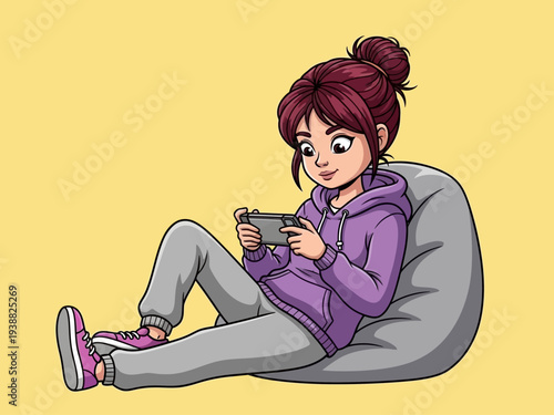 Young girl engrossed in playing video games on handheld console.