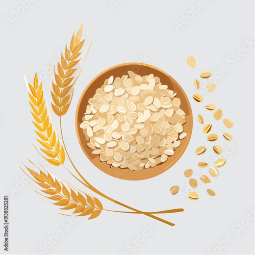 Overhead view of a wooden bowl filled with healthy rolled oats and wheat stalks on a neutral gray background symbolizing natural grain product and wholesome breakfast ingredient