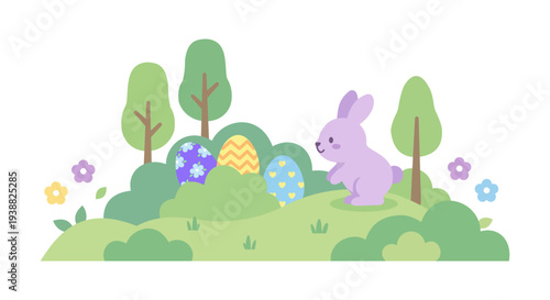 Easter egg hunt scene with a purple bunny and eggs hidden among bushes and trees.