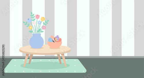 Cozy living room interior decorated for Easter with a table, flower vase, and egg bowl.