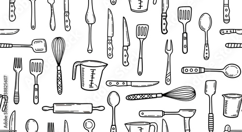 Collection of Hand Drawn Kitchen Utensils Seamless Pattern.