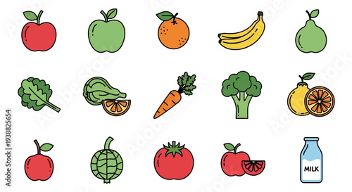 Fresh fruit and vegetables icons.