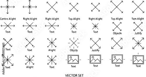 Vector Set of Alignment Icons: Crosshairs, Arrows, and Image Placeholders in Black and White Line Art