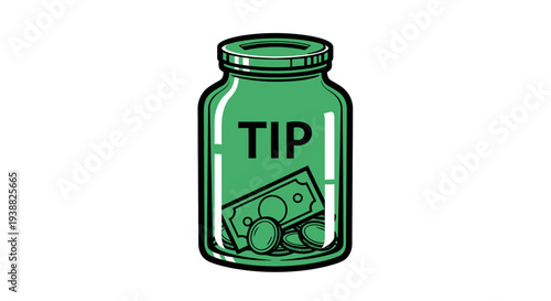 Green glass jar with money.