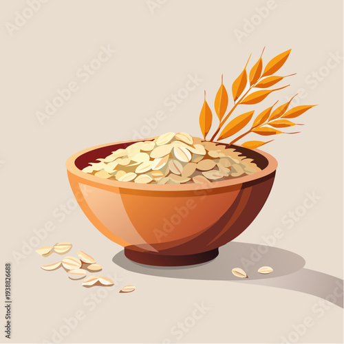 Oatmeal Bowl With Wheat Stalks Golden Light On Light Background Healthy Breakfast Food Rustic Wooden Bowl With Rolled Oats And Scattered Grains Morning Meal
