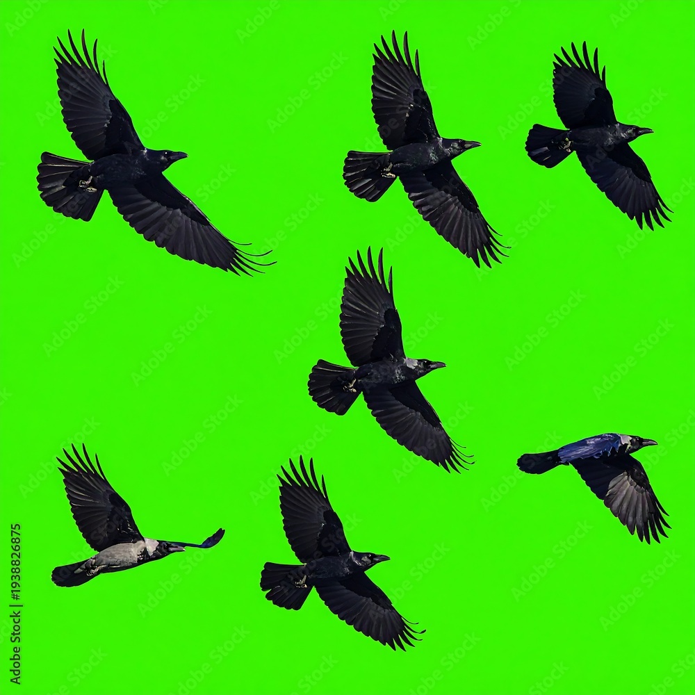 Obraz premium A group of seven black birds flying on a bright green background