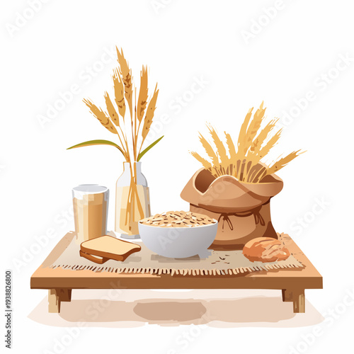 Wholesome Breakfast Spread With Freshly Baked Bread Cereal Bowl And Wheat Stalks In A Glass Vase On A Wooden Tray With A Burlap Sack Of Grains And A Glass Of Milk On A White Background