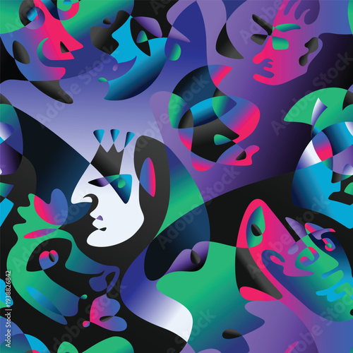 Faces in various angles expressing emotions and moods are intertwined into one picture using a continuous line. Background in a neon gradient, seamless pattern for printing. Vector wallpaper