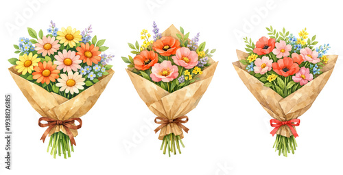 A charming watercolor collection of colorful flower bouquets wrapped in kraft paper for floral illustrations and romantic gift design.