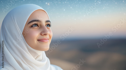 Malay woman wearing traditional Muslim hijab with star light for Eid al-Adha mubarak background