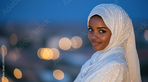 African woman wearing traditional Muslim hijab with star light for Eid al-Adha mubarak background