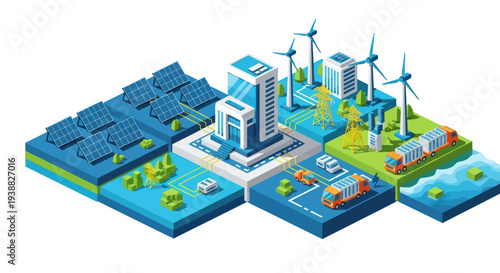 Isometric Smart City with Renewable Energy and Modern Transportation.