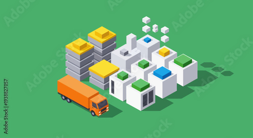 Isometric urban landscape featuring modern abstract buildings and a logistics truck.