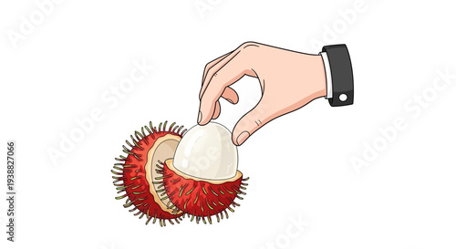 Hand holding rambutan fruit with one segment peeled