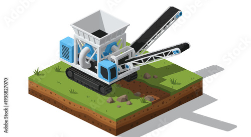 Isometric Stone Crusher Machine on Green Terrain.