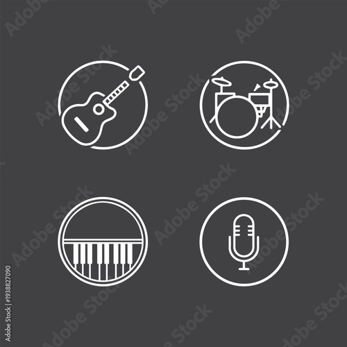 Minimalist Music Instrument Icon Set Guitar Drums Piano Microphone