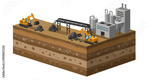 Isometric view of a mining operation with excavators and factory.