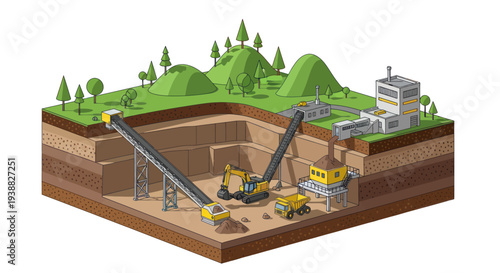 Isometric view of a mining operation with heavy machinery and a processing plant.