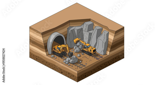 Isometric View of Underground Mining Operation with Heavy Machinery.