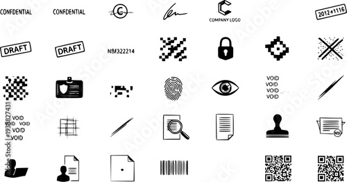 Black and White Security, Confidentiality, Document Management  Data Protection Icons. Glyph vector symbols for business, legal, and technology themes.