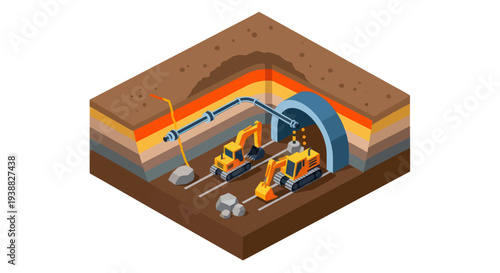 Isometric view of underground tunnel construction with machinery.