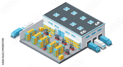 Isometric Warehouse Interior with Forklifts and Cargo.