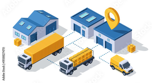 Logistics and supply chain management with trucks and warehouses.
