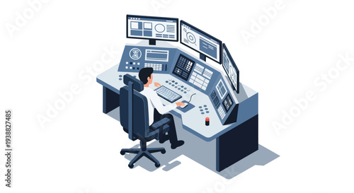 Man working at a sophisticated control panel with multiple screens.