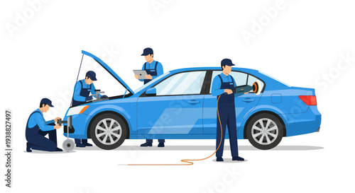 Mechanics working on a blue car in a repair shop.