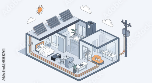 Modern Home with Solar Panels and Energy Storage System.