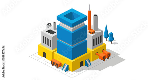 Modern Industrial Factory Building with Blue Central Tower.