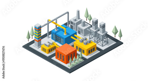 Modern Industrial Factory Complex with Blue and Yellow Buildings.