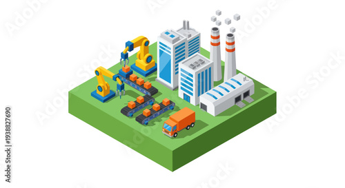 Modern Industrial Factory with Robotic Arms and Trucks.