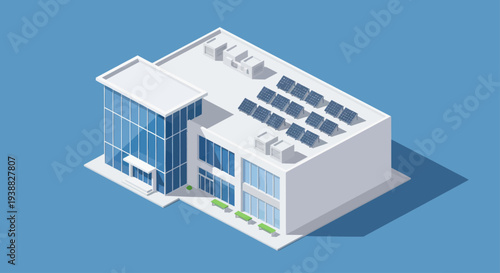 Modern Office Building with Solar Panels on Roof Isometric View.