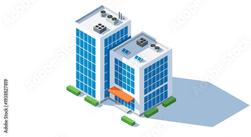 Modern Office Buildings with Blue Glass Facades and Green Landscaping.