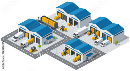 Modern Warehouse Logistics Hub with Trucks and Forklifts.