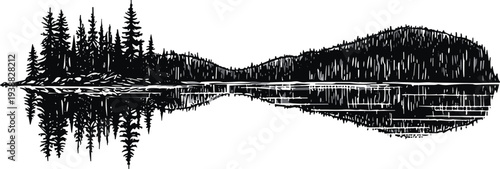Forest landscape illustration, fish reflection art, black and white nature, mirrored water scene, symbolic design, creative vector, scenic silhouette, artistic concept