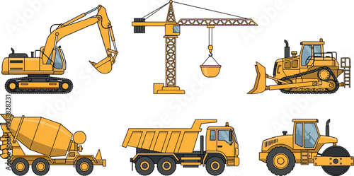 Construction machinery vehicles set including excavator, tower crane, bulldozer, dump truck, concrete mixer and road roller heavy equipment illustration isolated on white background