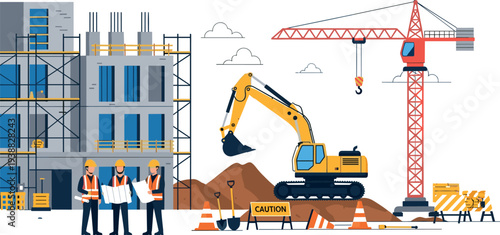 Construction site illustration with building framework, crane, excavator and engineers reviewing blueprints, urban development and engineering teamwork concept isolated on white background