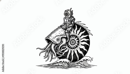 Vintage Diver Riding Giant Nautilus Shell on Ocean Waves Engraving.