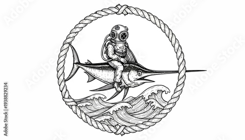 Vintage Diver Riding Marlin in Ocean Waves Nautical Illustration.