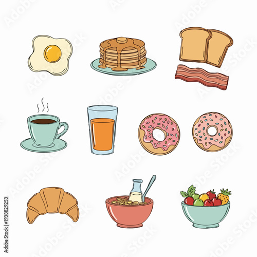 A collection of delicious breakfast food items arranged neatly.