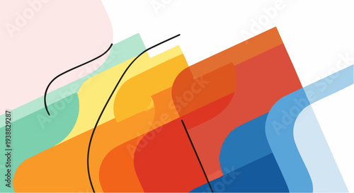 Abstract Colorful Overlapping Shapes with Thin Black Lines.