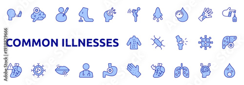 Common Illnesses icon set color lineal style with backache, sinusitis, hypertension, rash, diabetes, scoliosis, osteoporosis icons